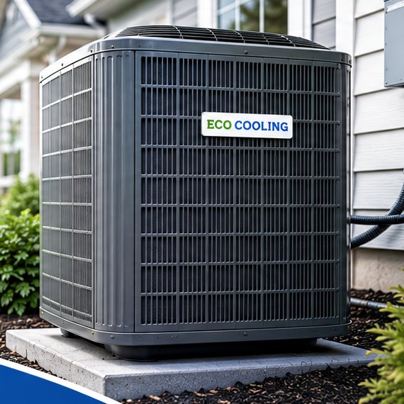 New Eco Cooling outdoor air conditioning unit installed beside a home