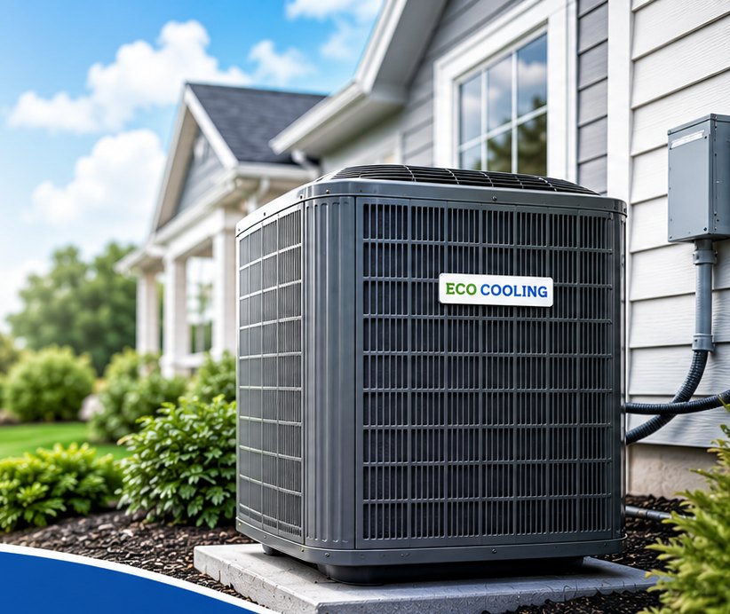 Eco Cooling outdoor air conditioning unit beside a Louisiana home